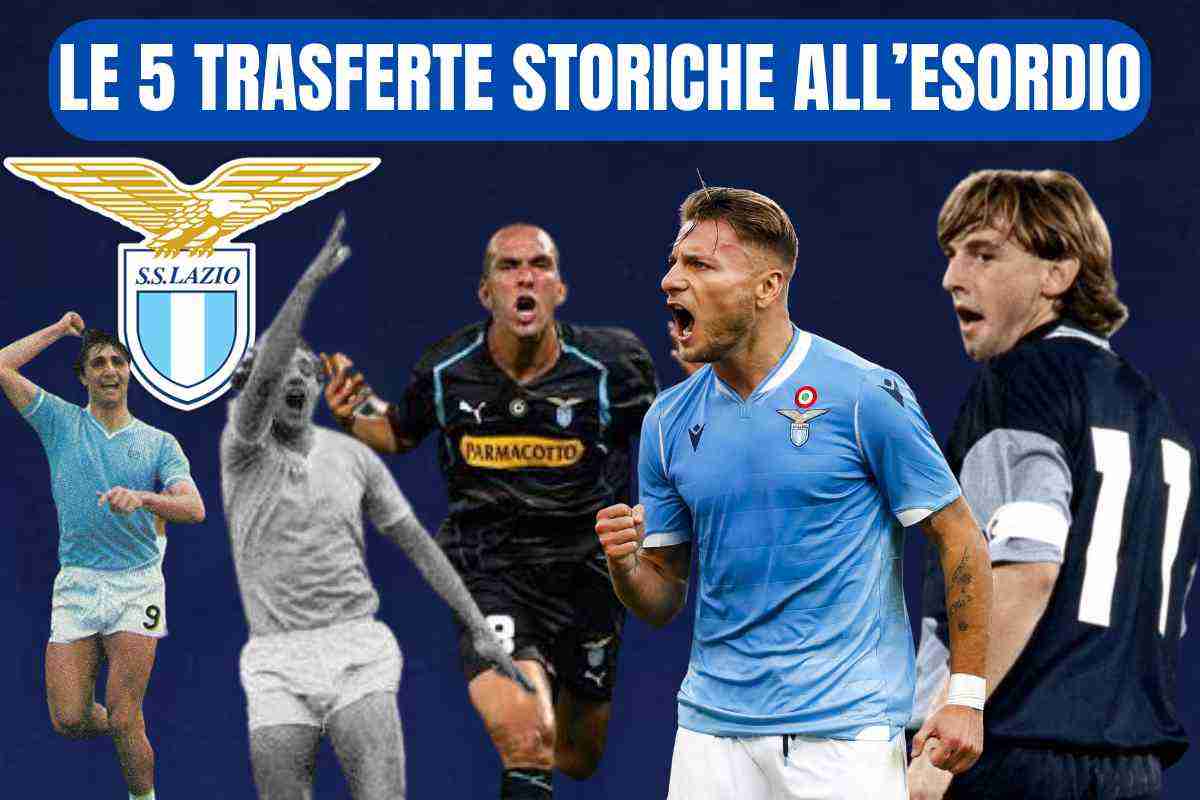 Giordano, Chinaglia, Immobile, Signori e Di Canio esultano con la maglia della Lazio