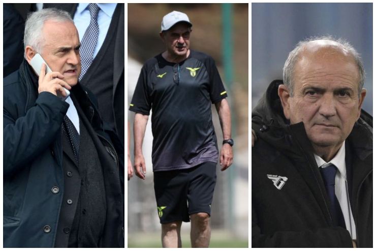Il presidente Lotito, il tecnico Sarri e il diesse Fabiani