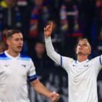 Gustav Isaksen subito dopo aver segnato un gol in Europa